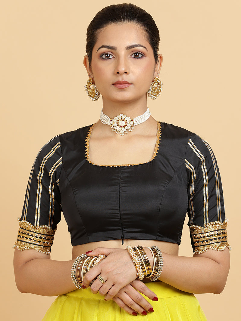 Farah Aziza 4-Pc Lehenga Set x Tyohaar | Lemon Yellow Lehenga, Charcoal Black Blouse with Panna Emerald Green Dupatta and Cancan Skirt-Binks