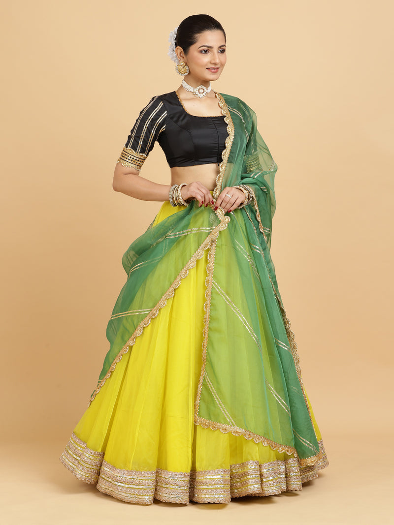Farah Aziza 4-Pc Lehenga Set x Tyohaar | Lemon Yellow Lehenga, Charcoal Black Blouse with Panna Emerald Green Dupatta and Cancan Skirt-Binks