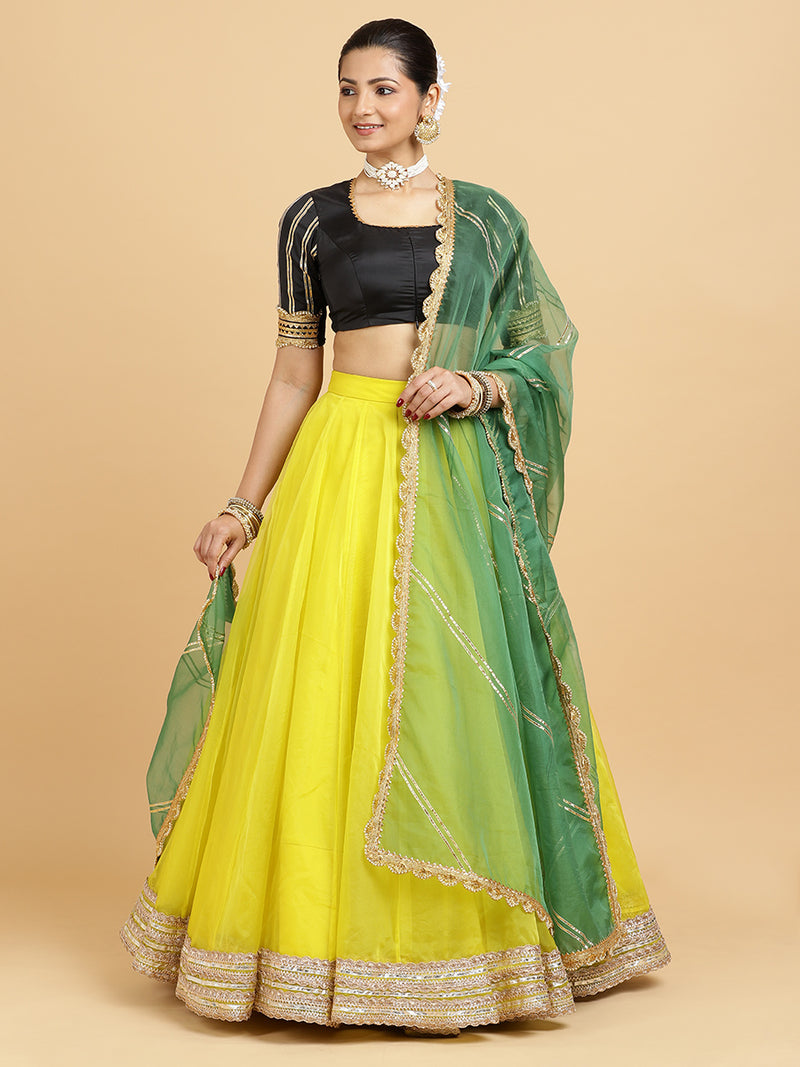 Farah Aziza 4-Pc Lehenga Set x Tyohaar | Lemon Yellow Lehenga, Charcoal Black Blouse with Panna Emerald Green Dupatta and Cancan Skirt-Binks