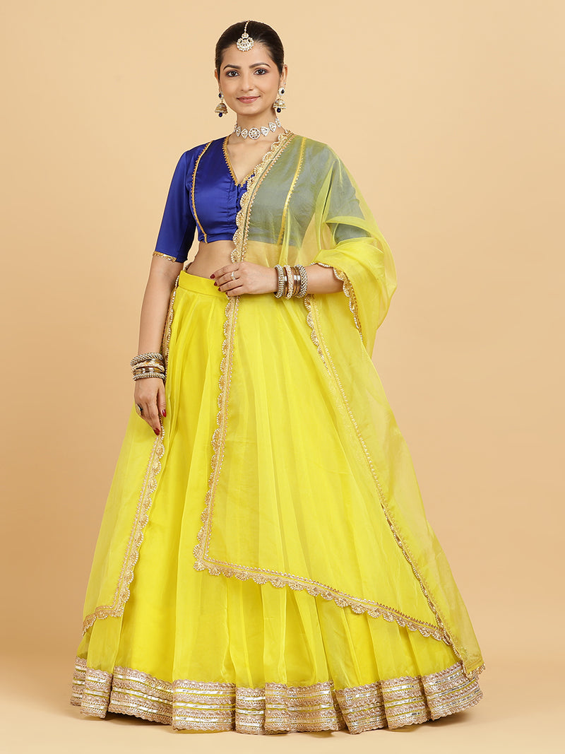 Farah Begum 4-Pc Lehenga Set x Tyohaar | Lemon Yellow Lehenga, Cobalt Blue Blouse with Saher Lemon Yellow Dupatta and Cancan Skirt-Binks