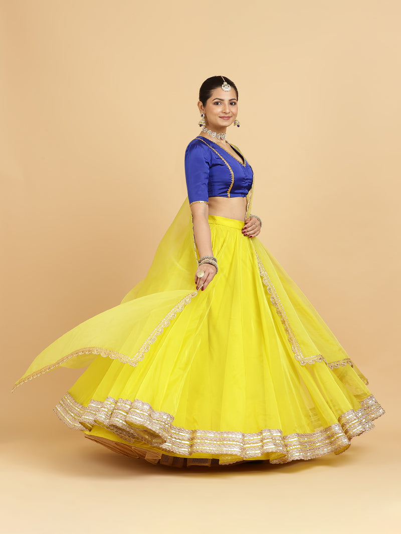 Farah Begum 4-Pc Lehenga Set x Tyohaar | Lemon Yellow Lehenga, Cobalt Blue Blouse with Saher Lemon Yellow Dupatta and Cancan Skirt-Binks