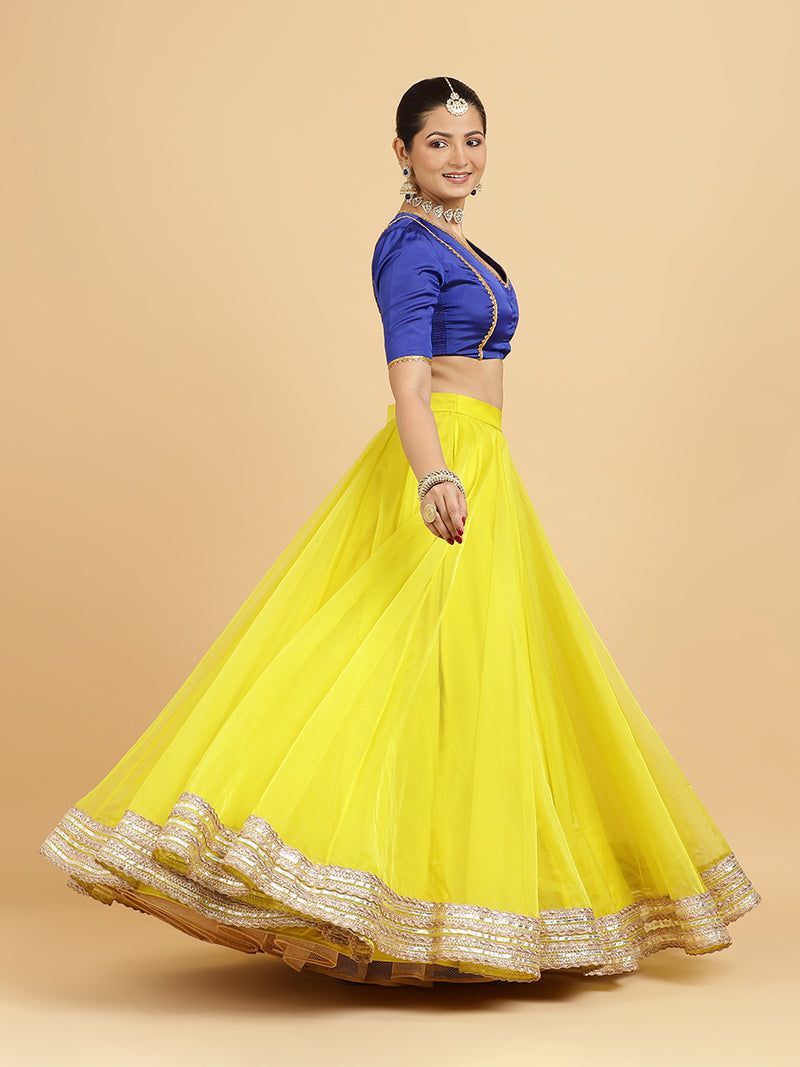 Farah Begum 4-Pc Lehenga Set x Tyohaar | Lemon Yellow Lehenga, Cobalt Blue Blouse with Saher Lemon Yellow Dupatta and Cancan Skirt-Binks