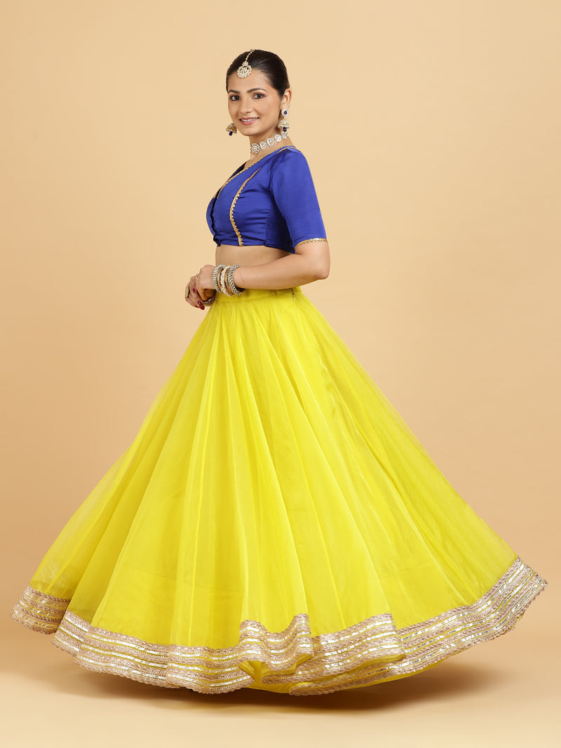 Farah Begum 4-Pc Lehenga Set x Tyohaar | Lemon Yellow Lehenga, Cobalt Blue Blouse with Saher Lemon Yellow Dupatta and Cancan Skirt-Binks