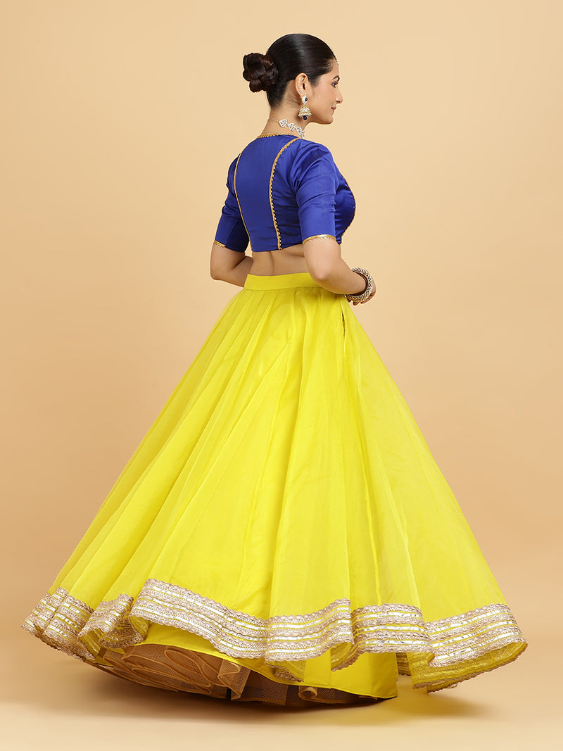 Farah Begum 4-Pc Lehenga Set x Tyohaar | Lemon Yellow Lehenga, Cobalt Blue Blouse with Saher Lemon Yellow Dupatta and Cancan Skirt-Binks