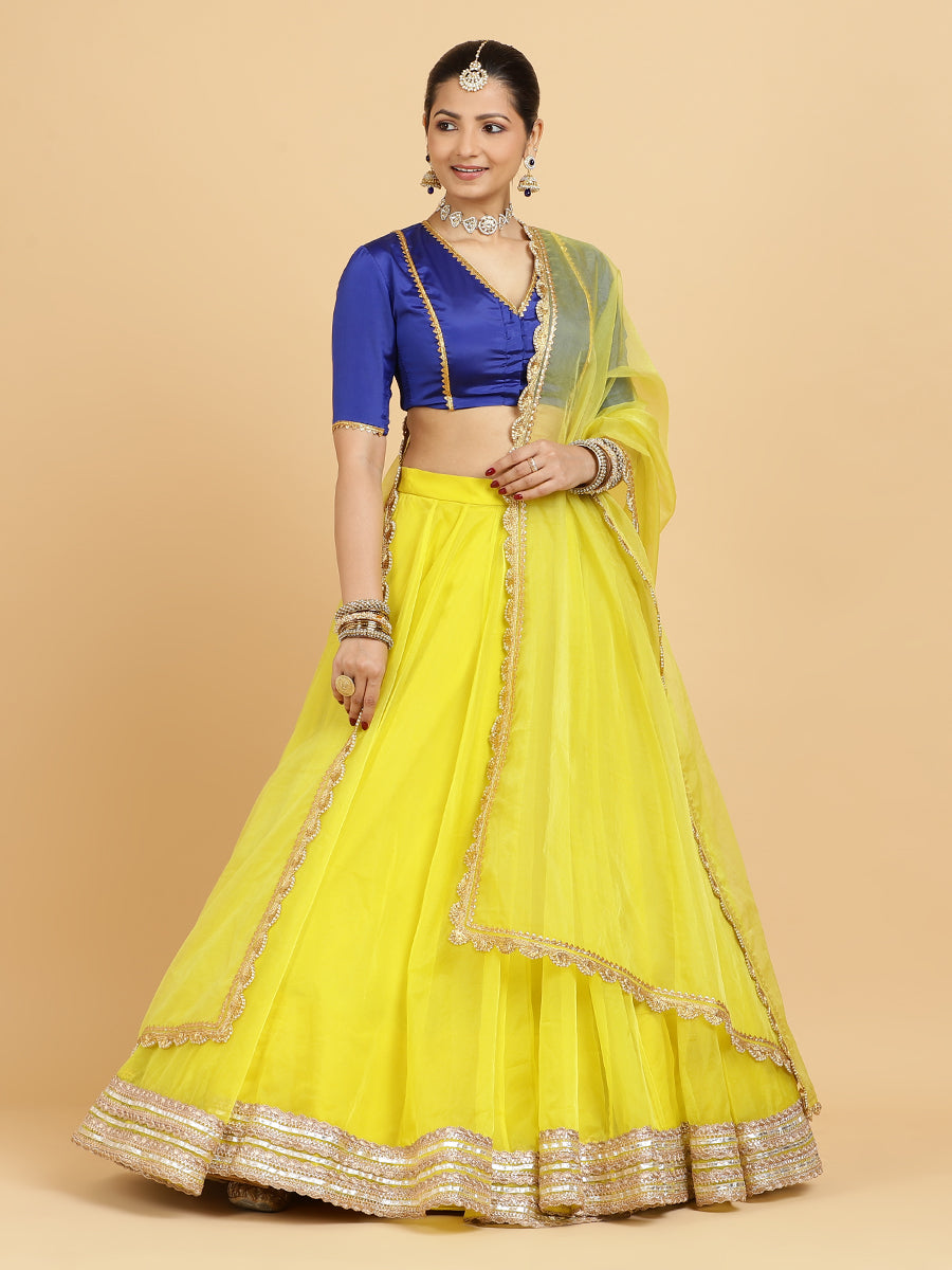Farah Begum 4-Pc Lehenga Set x Tyohaar, in Yellow, featuring elbow sleeves and v-neckline, made for party & festive (view 3).