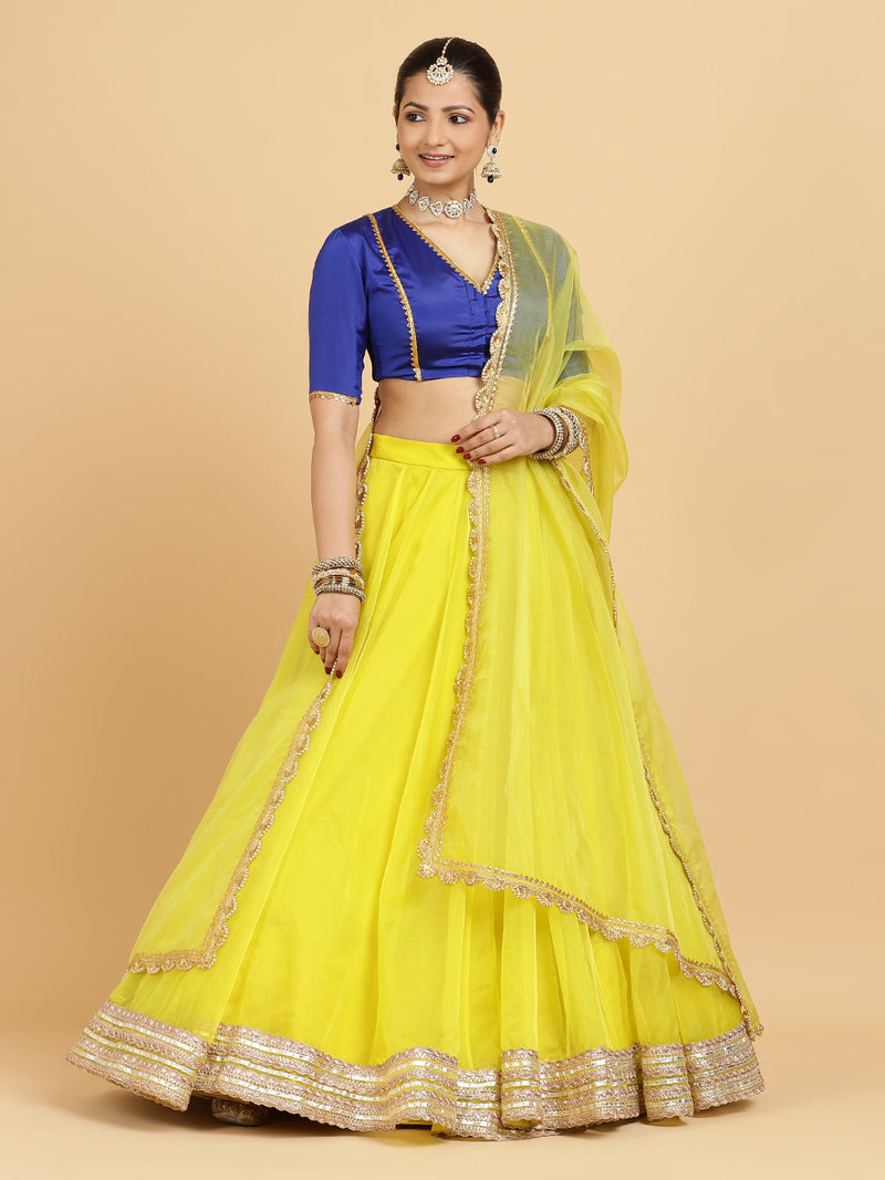 Farah Begum 4-Pc Lehenga Set x Tyohaar | Lemon Yellow Lehenga, Cobalt Blue Blouse with Saher Lemon Yellow Dupatta and Cancan Skirt-Binks