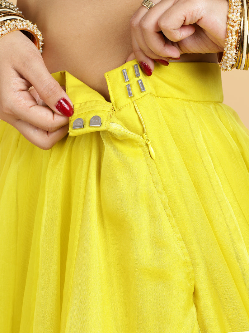 Farah Begum 4-Pc Lehenga Set x Tyohaar | Lemon Yellow Lehenga, Cobalt Blue Blouse with Saher Lemon Yellow Dupatta and Cancan Skirt-Binks