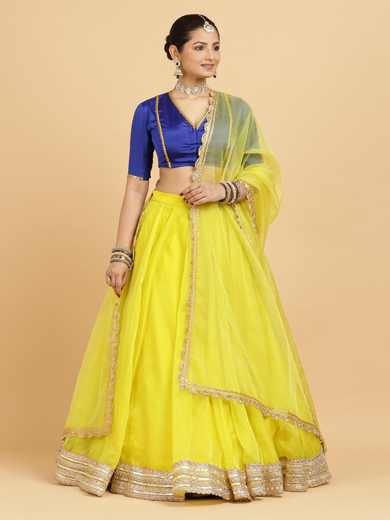 Farah Begum 4-Pc Lehenga Set x Tyohaar | Lemon Yellow Lehenga, Cobalt Blue Blouse with Saher Lemon Yellow Dupatta and Cancan Skirt-Binks