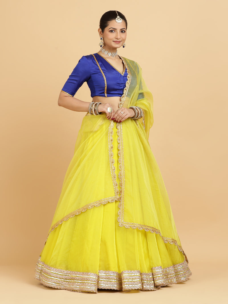 Farah Begum 4-Pc Lehenga Set x Tyohaar | Lemon Yellow Lehenga, Cobalt Blue Blouse with Saher Lemon Yellow Dupatta and Cancan Skirt-Binks