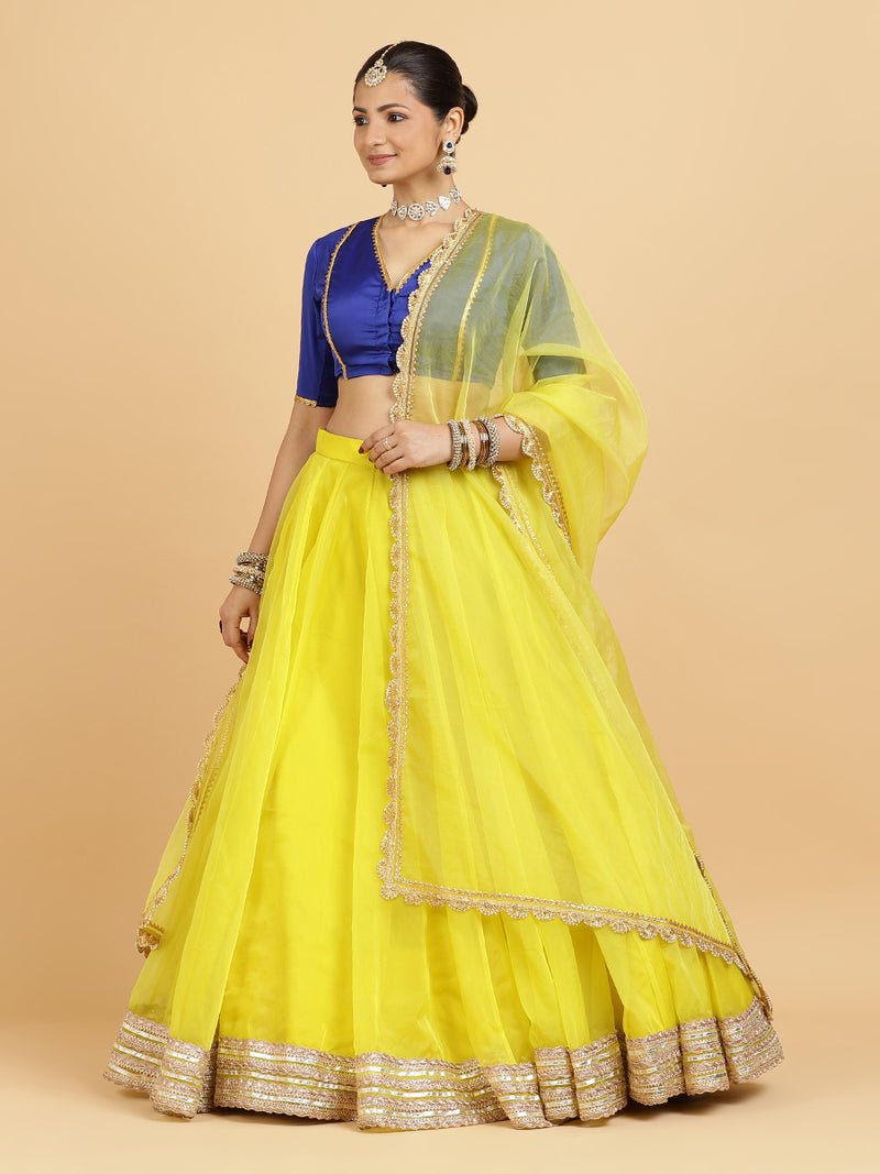 Farah Begum 4-Pc Lehenga Set x Tyohaar | Lemon Yellow Lehenga, Cobalt Blue Blouse with Saher Lemon Yellow Dupatta and Cancan Skirt-Binks
