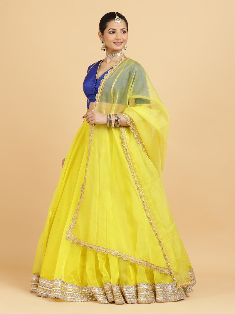 Farah Begum 4-Pc Lehenga Set x Tyohaar | Lemon Yellow Lehenga, Cobalt Blue Blouse with Saher Lemon Yellow Dupatta and Cancan Skirt-Binks