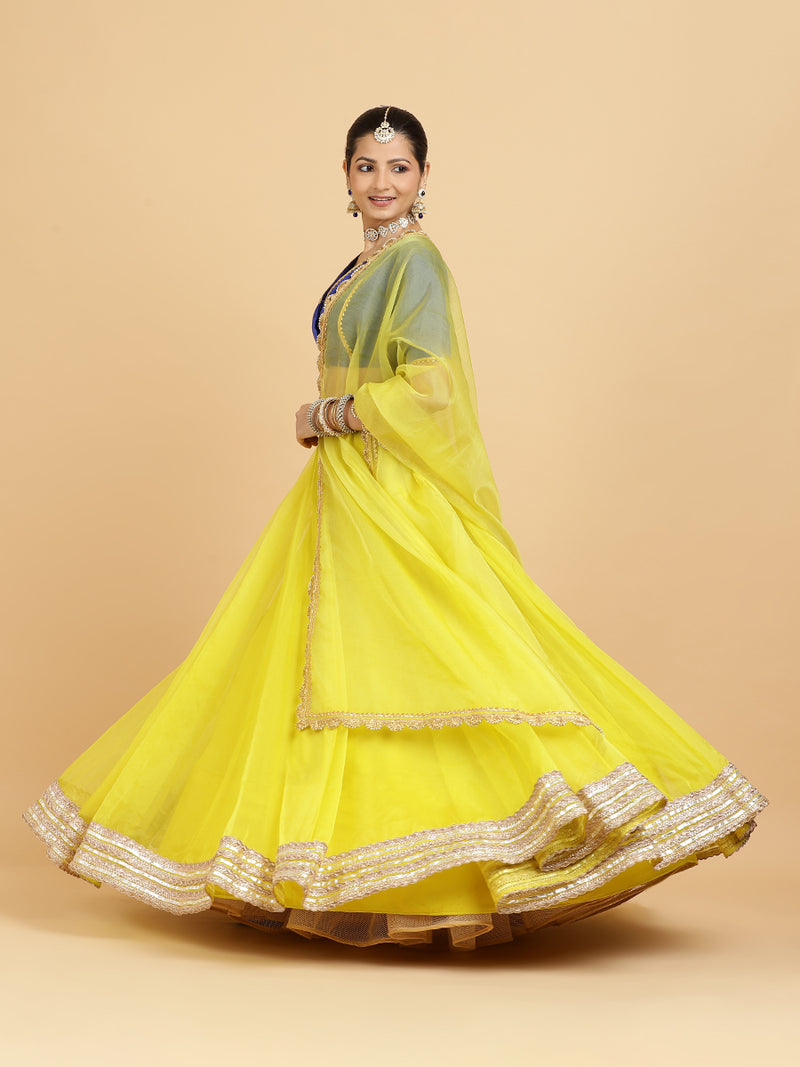Farah Begum 4-Pc Lehenga Set x Tyohaar | Lemon Yellow Lehenga, Cobalt Blue Blouse with Saher Lemon Yellow Dupatta and Cancan Skirt-Binks