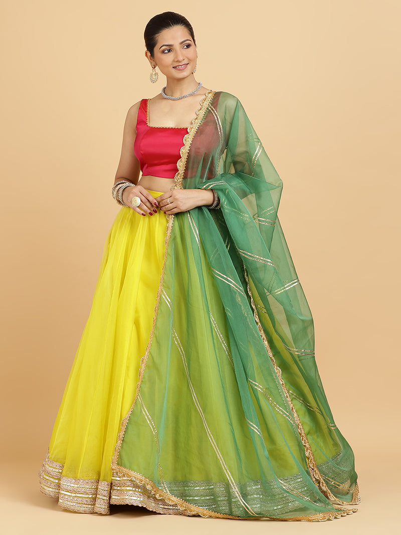 Farah Zeba 4-Pc Lehenga Set x Tyohaar | Lemon Yellow Lehenga, Rani Pink Blouse with Panna Emerald Green Dupatta and Cancan Skirt-Binks