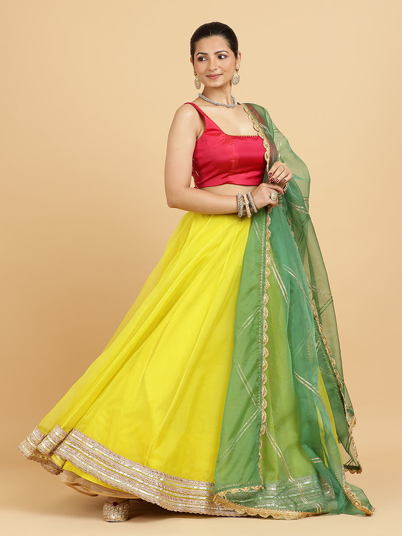 Farah Zeba 4-Pc Lehenga Set x Tyohaar | Lemon Yellow Lehenga, Rani Pink Blouse with Panna Emerald Green Dupatta and Cancan Skirt-Binks