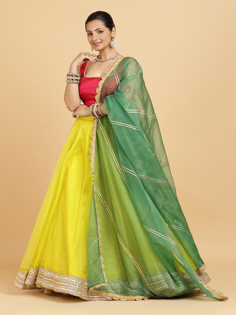 Farah Zeba 4-Pc Lehenga Set x Tyohaar | Lemon Yellow Lehenga, Rani Pink Blouse with Panna Emerald Green Dupatta and Cancan Skirt-Binks