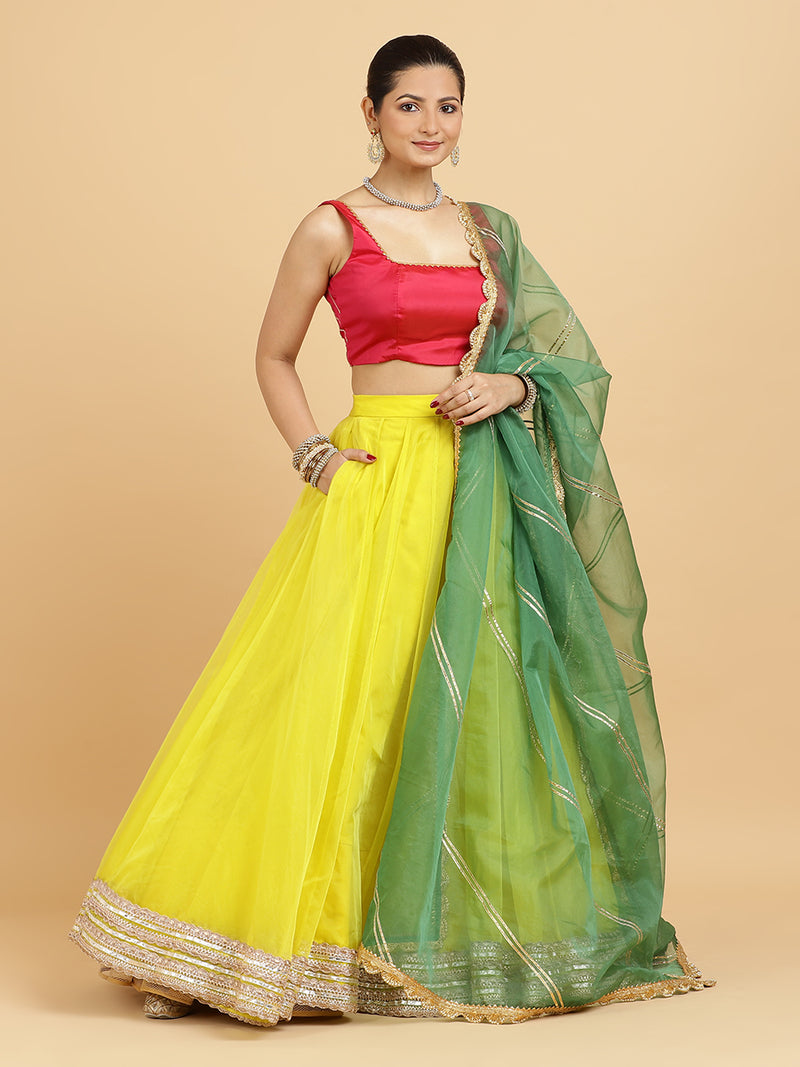 Farah Zeba 4-Pc Lehenga Set x Tyohaar | Lemon Yellow Lehenga, Rani Pink Blouse with Panna Emerald Green Dupatta and Cancan Skirt-Binks