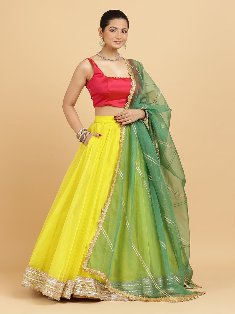 Farah Zeba 4-Pc Lehenga Set x Tyohaar | Lemon Yellow Lehenga, Rani Pink Blouse with Panna Emerald Green Dupatta and Cancan Skirt-Binks