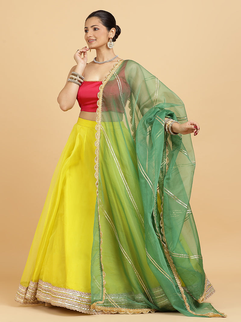 Farah Zeba 4-Pc Lehenga Set x Tyohaar | Lemon Yellow Lehenga, Rani Pink Blouse with Panna Emerald Green Dupatta and Cancan Skirt-Binks