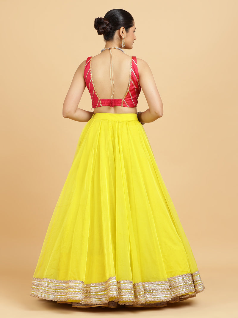 Farah Zeba 4-Pc Lehenga Set x Tyohaar | Lemon Yellow Lehenga, Rani Pink Blouse with Panna Emerald Green Dupatta and Cancan Skirt-Binks
