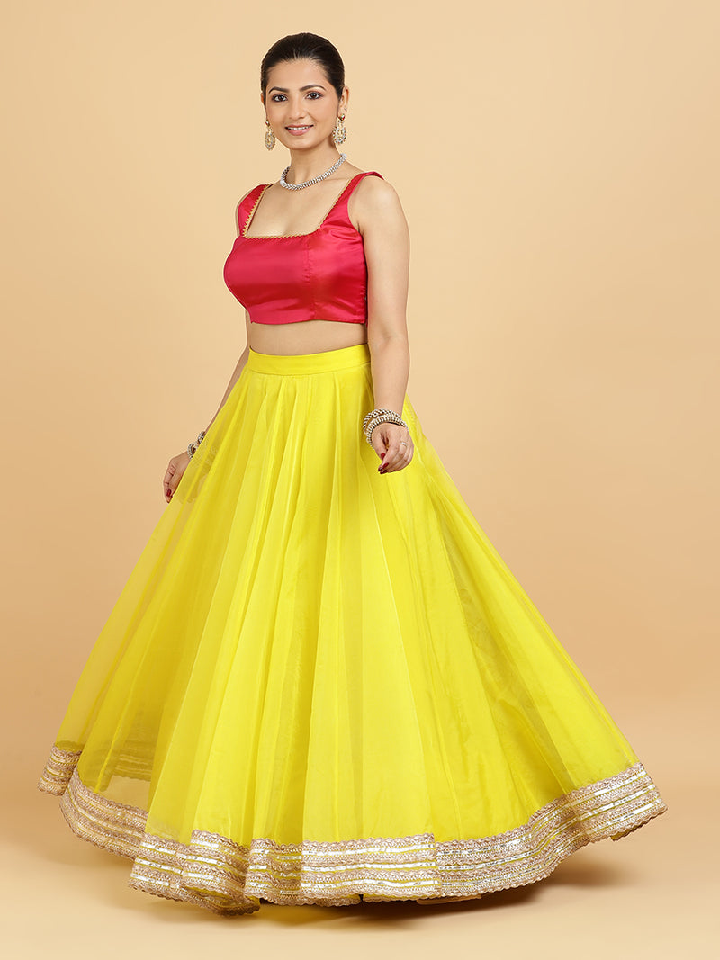 Farah Zeba 4-Pc Lehenga Set x Tyohaar | Lemon Yellow Lehenga, Rani Pink Blouse with Panna Emerald Green Dupatta and Cancan Skirt-Binks