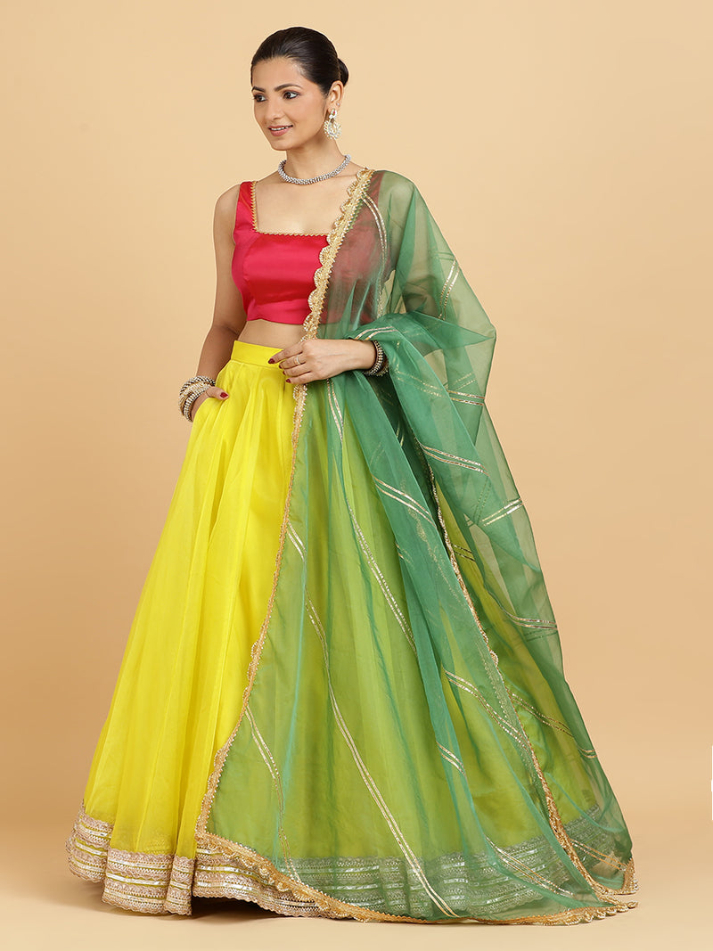 Farah Zeba 4-Pc Lehenga Set x Tyohaar | Lemon Yellow Lehenga, Rani Pink Blouse with Panna Emerald Green Dupatta and Cancan Skirt-Binks