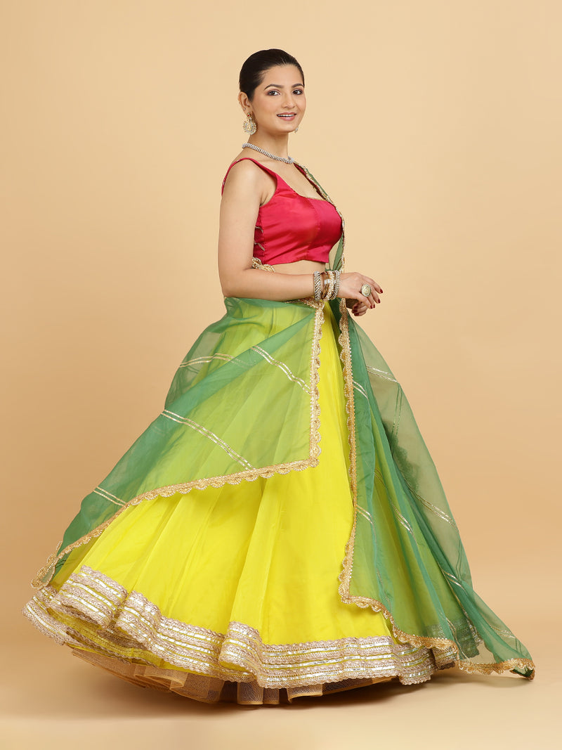Farah Zeba 4-Pc Lehenga Set x Tyohaar | Lemon Yellow Lehenga, Rani Pink Blouse with Panna Emerald Green Dupatta and Cancan Skirt-Binks