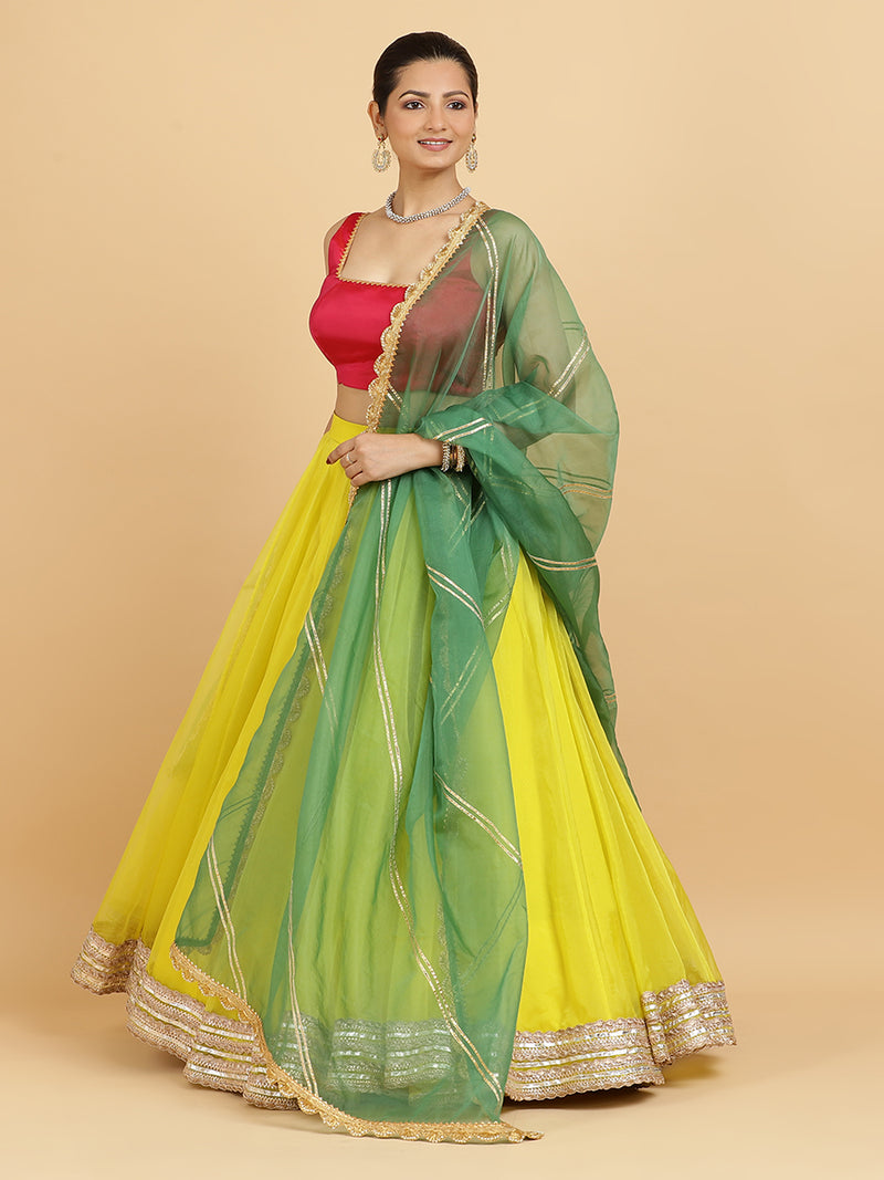 Farah Zeba 4-Pc Lehenga Set x Tyohaar | Lemon Yellow Lehenga, Rani Pink Blouse with Panna Emerald Green Dupatta and Cancan Skirt-Binks