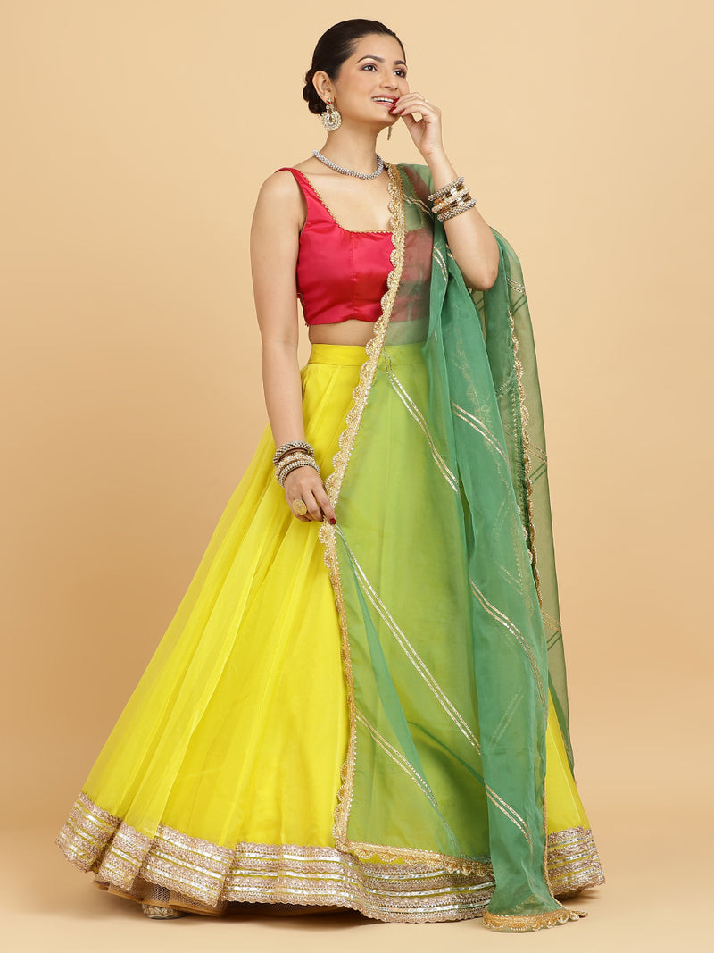 Farah Zeba 4-Pc Lehenga Set x Tyohaar | Lemon Yellow Lehenga, Rani Pink Blouse with Panna Emerald Green Dupatta and Cancan Skirt-Binks