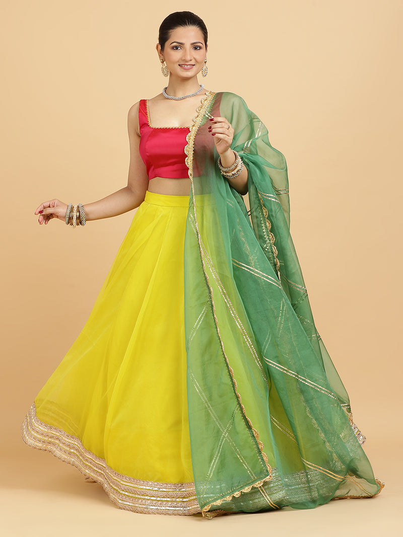 Farah Zeba 4-Pc Lehenga Set x Tyohaar | Lemon Yellow Lehenga, Rani Pink Blouse with Panna Emerald Green Dupatta and Cancan Skirt-Binks