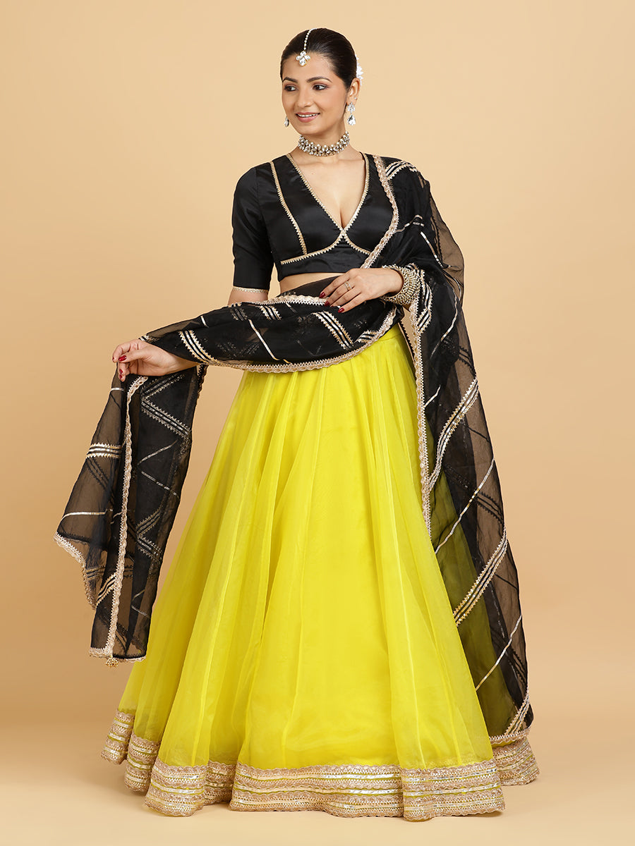 Farah Zeenat 4-Pc Lehenga Set x Tyohaar | Lemon Yellow Lehenga, Charcoal Black Blouse with Chandni Black Dupatta and Cancan Skirt