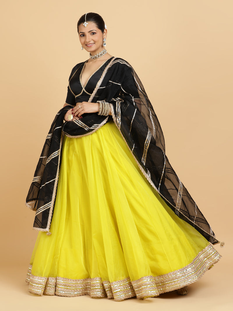 Farah Zeenat 4-Pc Lehenga Set x Tyohaar | Lemon Yellow Lehenga, Charcoal Black Blouse with Chandni Black Dupatta and Cancan Skirt-Binks