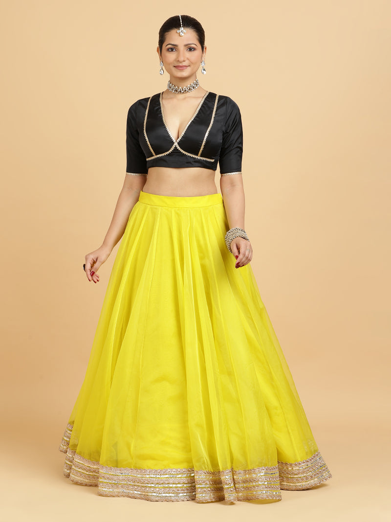 Farah Zeenat 4-Pc Lehenga Set x Tyohaar | Lemon Yellow Lehenga, Charcoal Black Blouse with Chandni Black Dupatta and Cancan Skirt-Binks