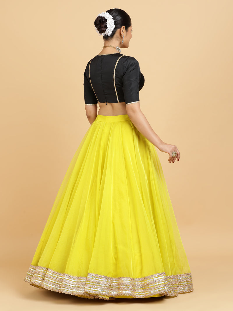 Farah Zeenat 4-Pc Lehenga Set x Tyohaar | Lemon Yellow Lehenga, Charcoal Black Blouse with Chandni Black Dupatta and Cancan Skirt-Binks