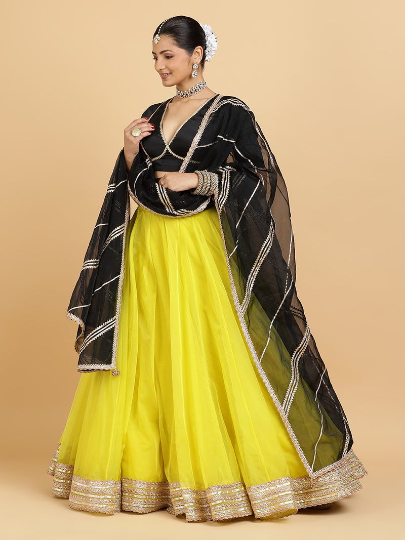 Farah Zeenat 4-Pc Lehenga Set x Tyohaar | Lemon Yellow Lehenga, Charcoal Black Blouse with Chandni Black Dupatta and Cancan Skirt-Binks