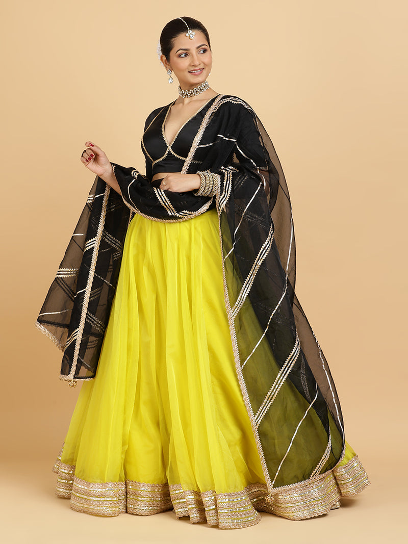Farah Zeenat 4-Pc Lehenga Set x Tyohaar | Lemon Yellow Lehenga, Charcoal Black Blouse with Chandni Black Dupatta and Cancan Skirt-Binks