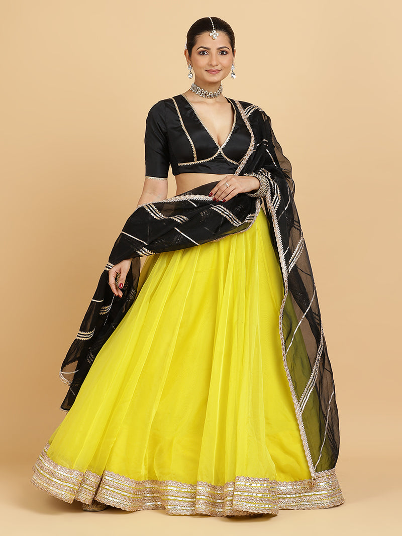 Farah Zeenat 4-Pc Lehenga Set x Tyohaar | Lemon Yellow Lehenga, Charcoal Black Blouse with Chandni Black Dupatta and Cancan Skirt-Binks