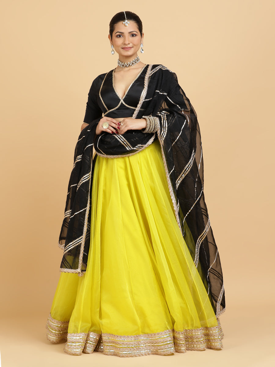 Farah Zeenat 4-Pc Lehenga Set x Tyohaar, in Yellow, featuring elbow sleeves and v-neckline, made for party & festive (view 8).