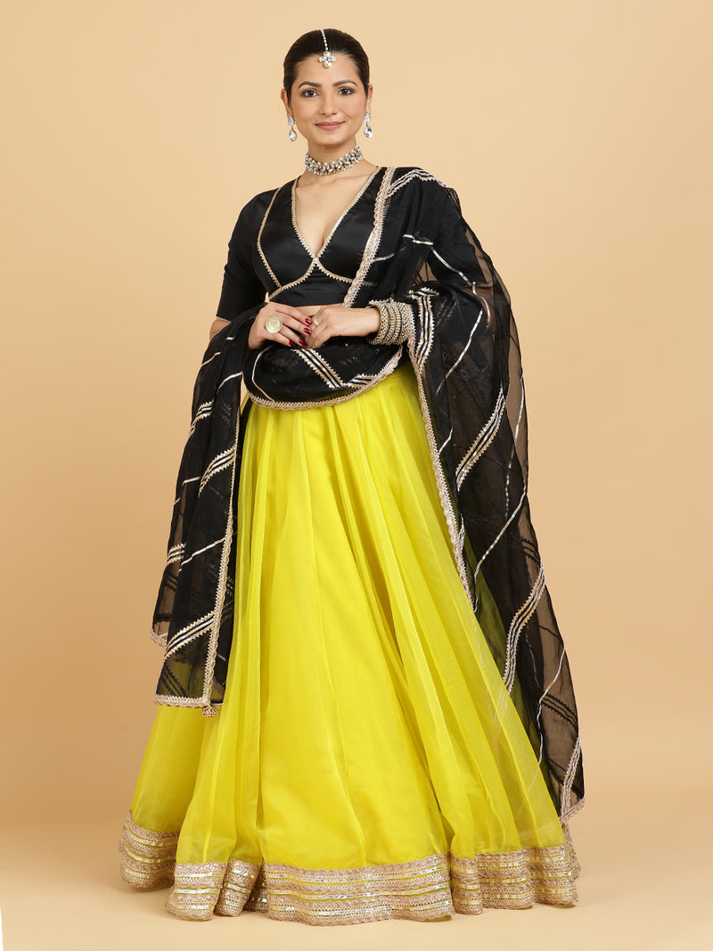 Farah Zeenat 4-Pc Lehenga Set x Tyohaar | Lemon Yellow Lehenga, Charcoal Black Blouse with Chandni Black Dupatta and Cancan Skirt-Binks