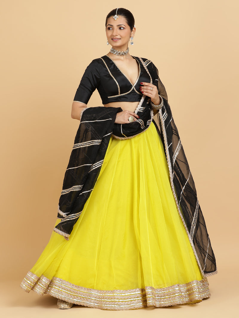 Farah Zeenat 4-Pc Lehenga Set x Tyohaar | Lemon Yellow Lehenga, Charcoal Black Blouse with Chandni Black Dupatta and Cancan Skirt-Binks