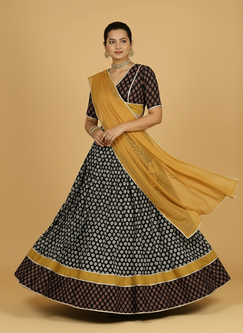 Gaurav x Tyohaar | Yellow & Black Navratri Handblock Printed Lehenga Set-Binks