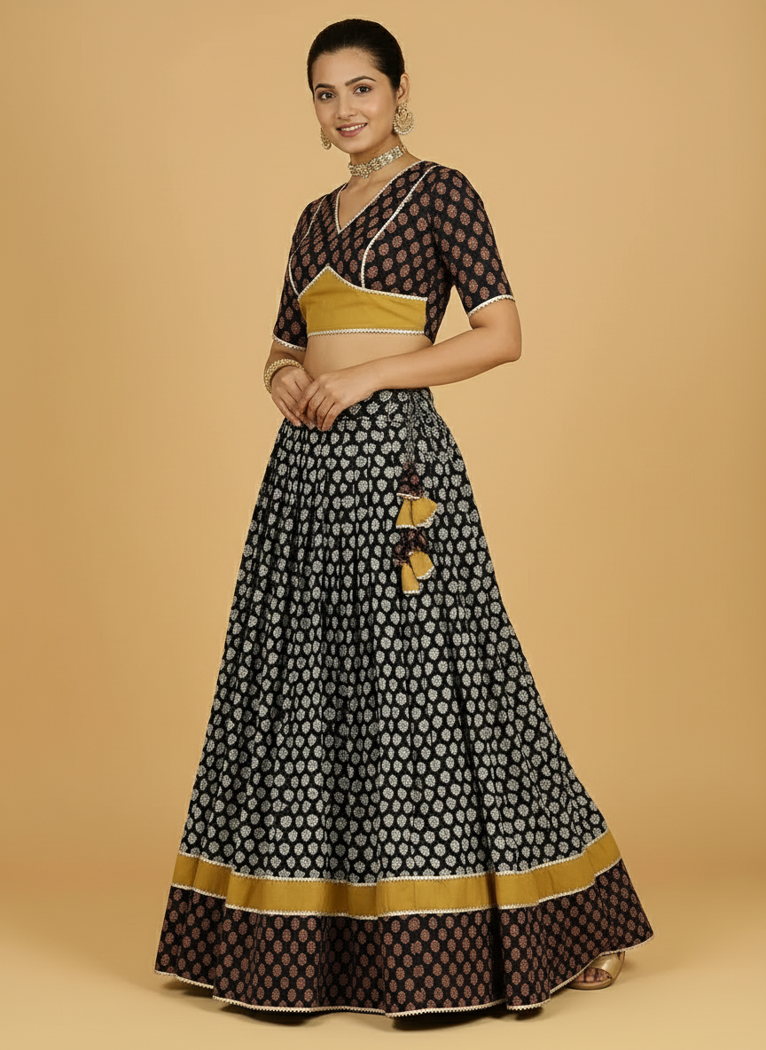 Gaurav x Tyohaar Lehenga Set, in Black 100% Cotton - Block Printed, featuring elbow sleeves and v-neckline (view 3).