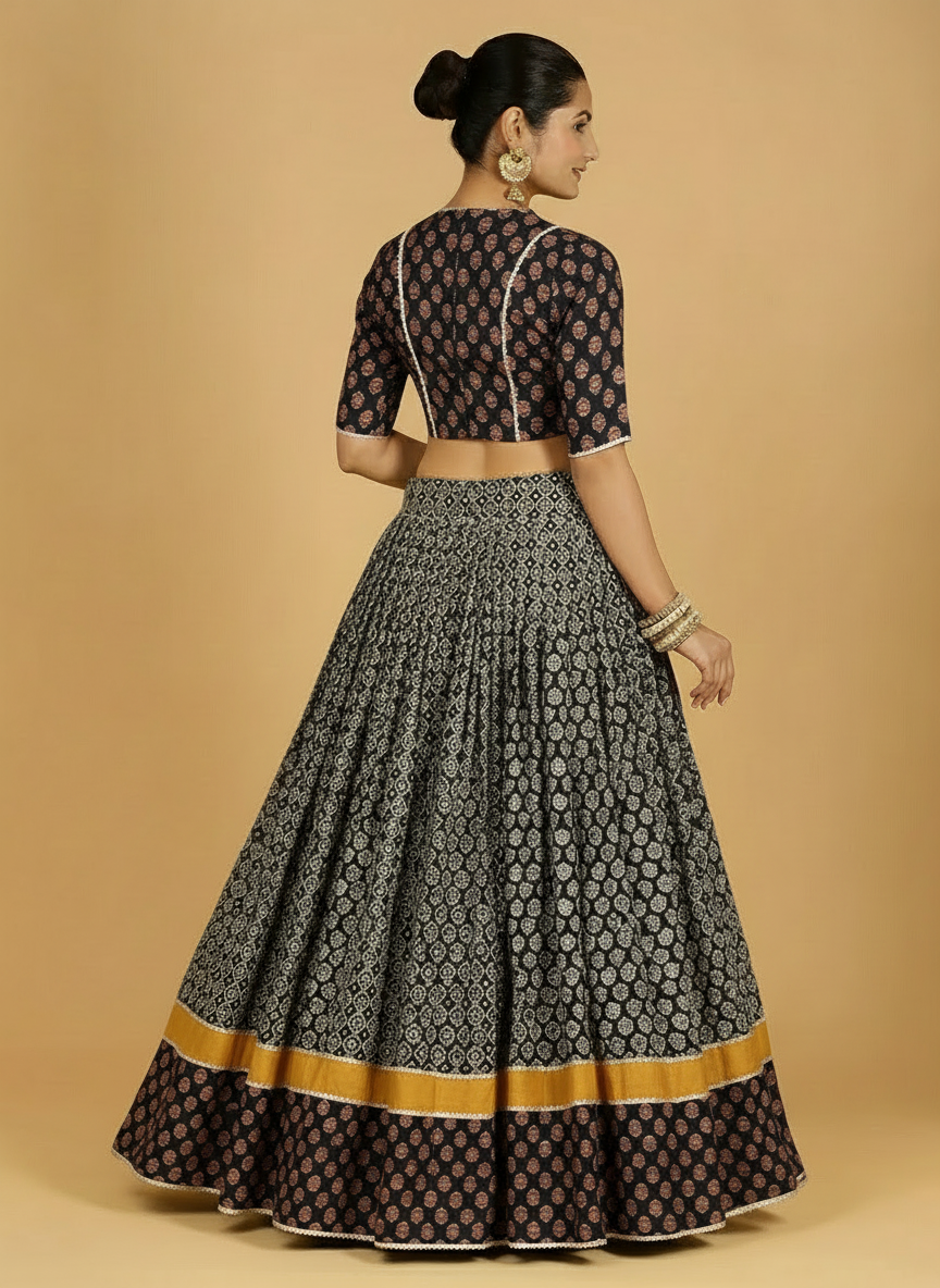 Gaurav x Tyohaar Lehenga Set, in Black 100% Cotton - Block Printed, featuring elbow sleeves and v-neckline (view 4).