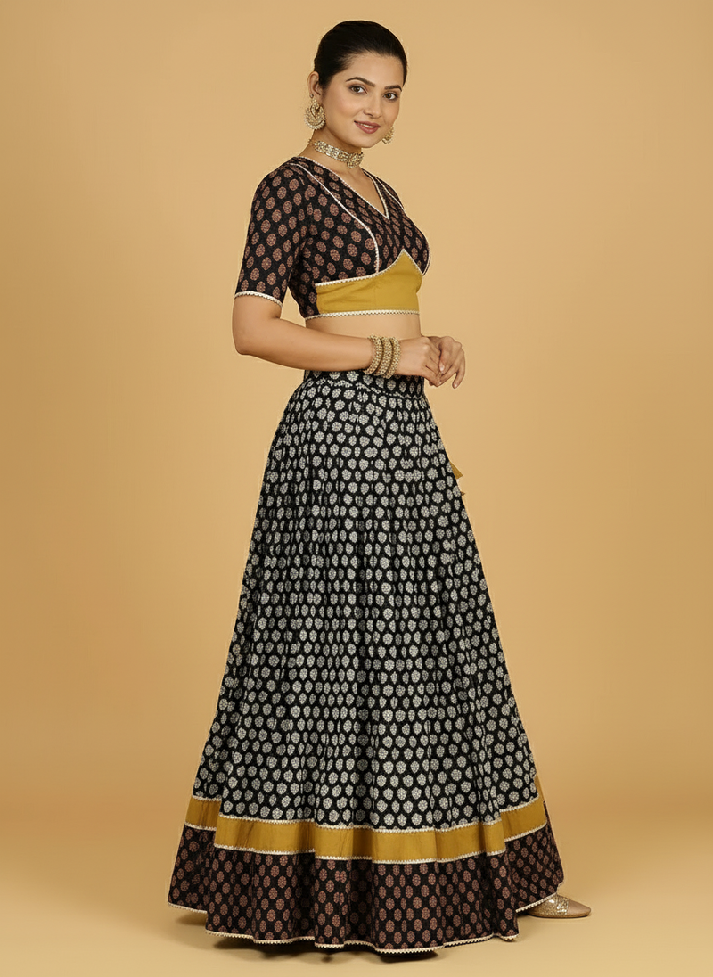 Gaurav x Tyohaar | Yellow & Black Navratri Handblock Printed Lehenga Set-Binks