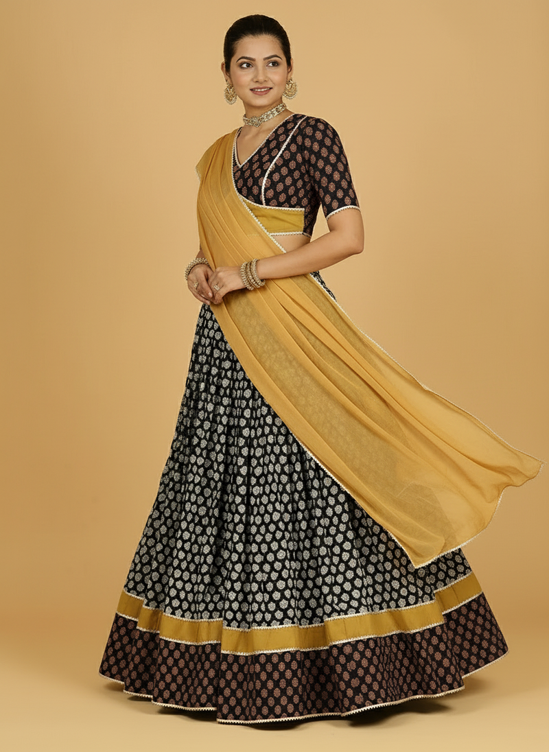 Gaurav x Tyohaar | Yellow & Black Navratri Handblock Printed Lehenga Set-Binks