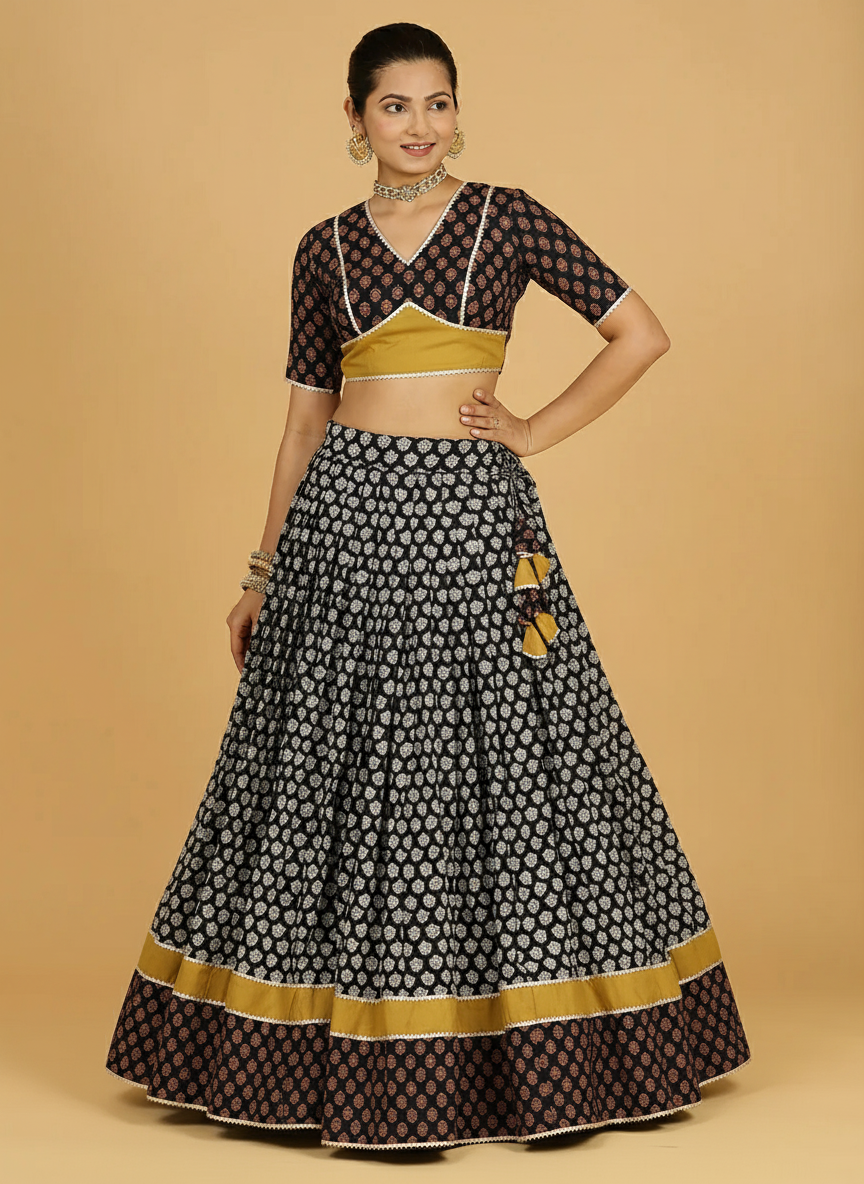 Gaurav x Tyohaar Lehenga Set, in Black 100% Cotton - Block Printed, featuring elbow sleeves and v-neckline (view 8).