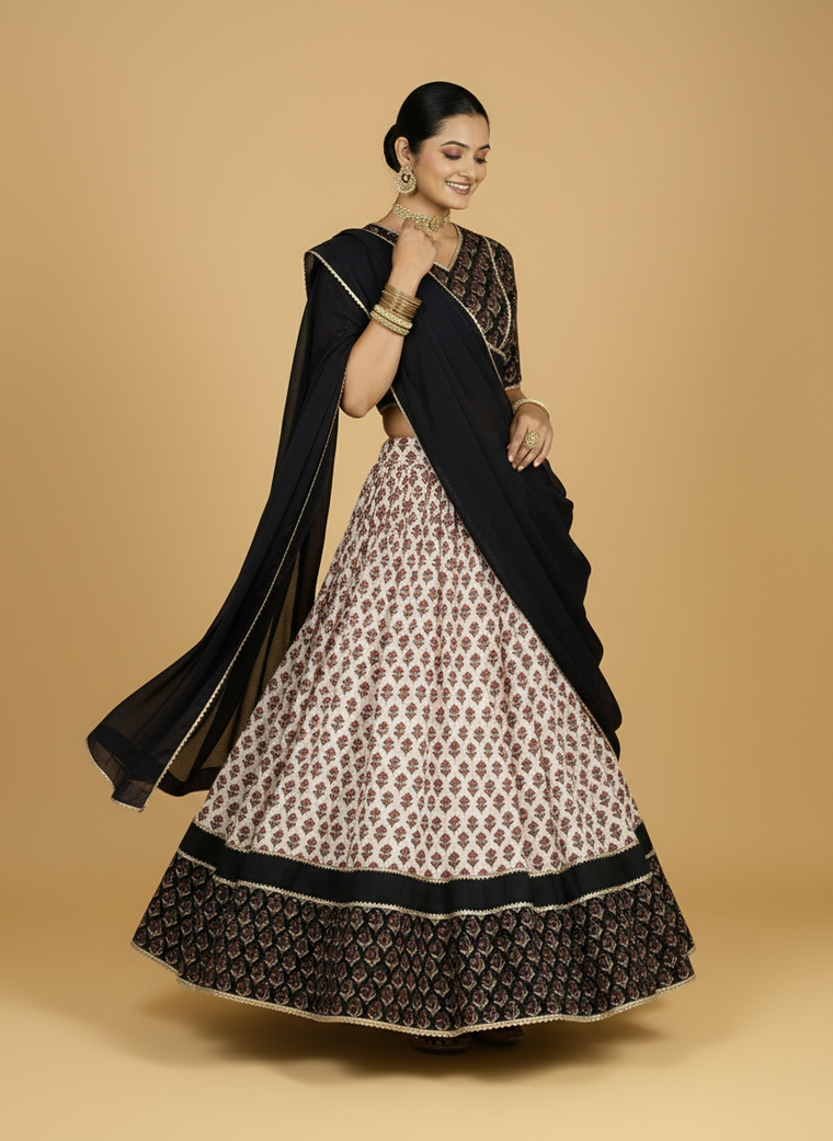 Harshil x Tyohaar Lehenga Set, in Cream 100% Cotton - Block Printed, featuring elbow sleeves and v-neckline.