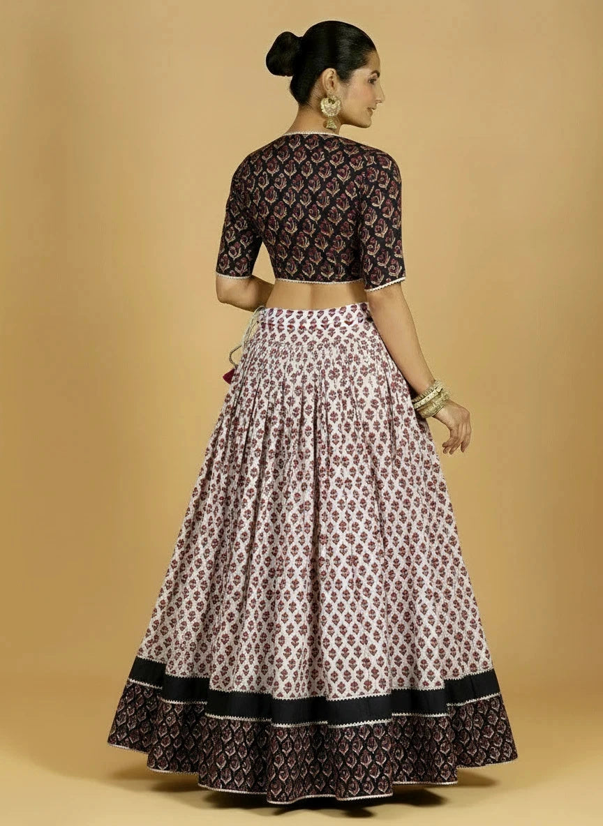 Harshil x Tyohaar Lehenga Set, in Cream 100% Cotton - Block Printed, featuring elbow sleeves and v-neckline (view 2).