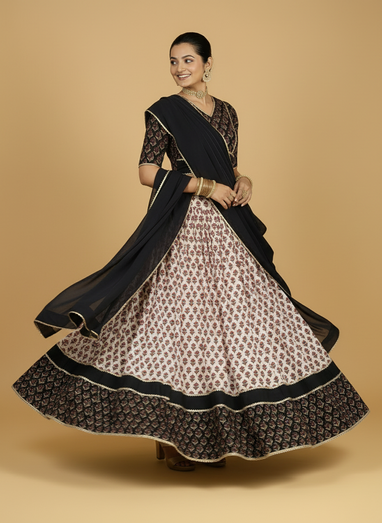 Harshil x Tyohaar Lehenga Set, in Cream 100% Cotton - Block Printed, featuring elbow sleeves and v-neckline (view 3).