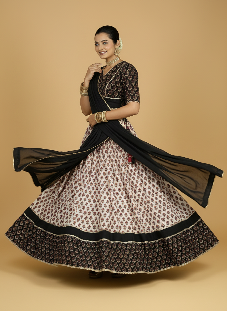 Harshil x Tyohaar Lehenga Set, in Cream 100% Cotton - Block Printed, featuring elbow sleeves and v-neckline (view 4).