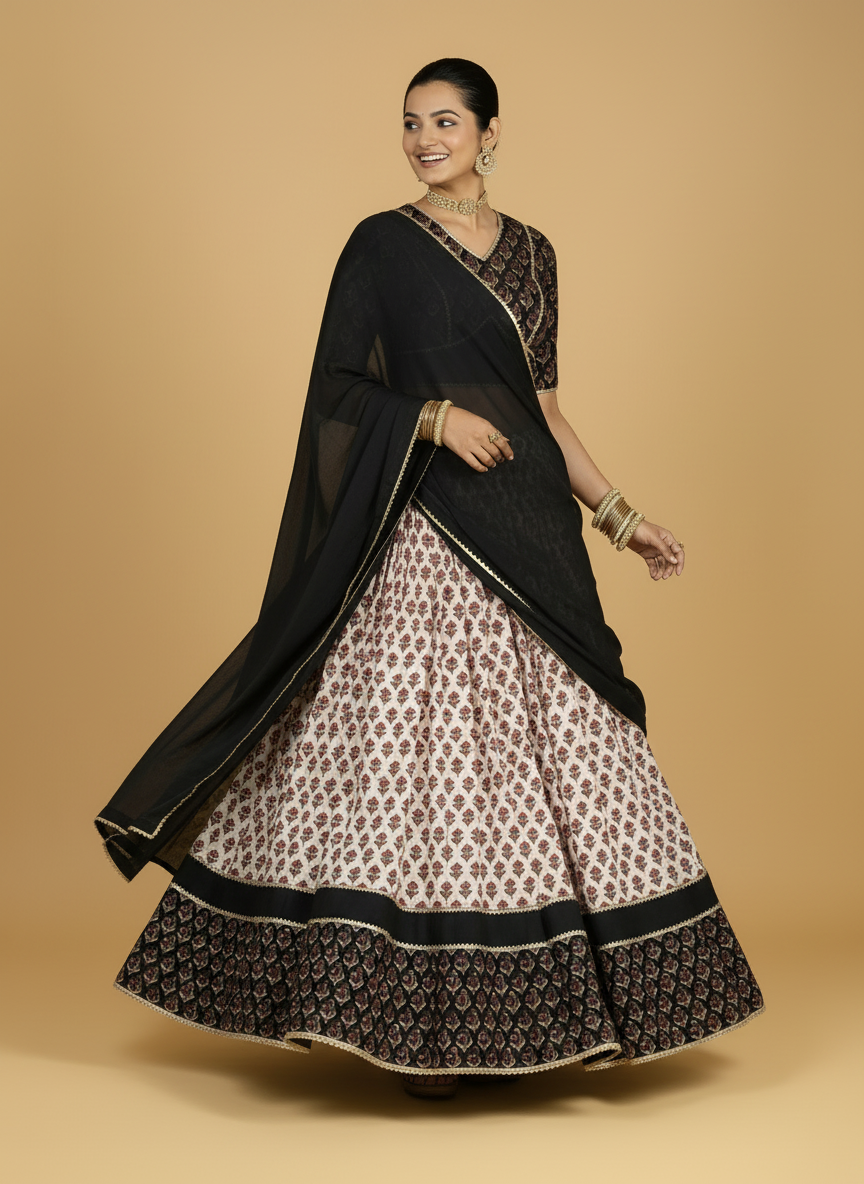 Harshil x Tyohaar Lehenga Set, in Cream 100% Cotton - Block Printed, featuring elbow sleeves and v-neckline (view 5).